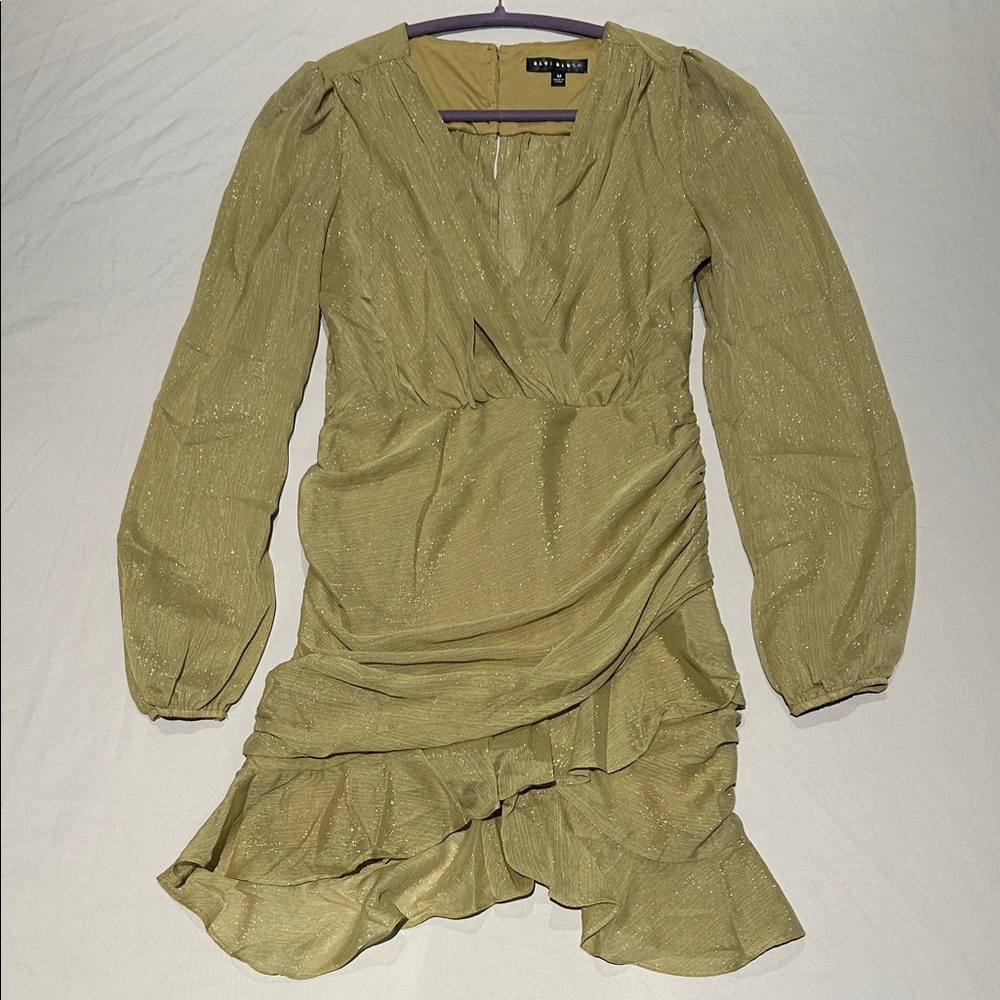 Shimmering Olive Long Sleeve Mini Dress